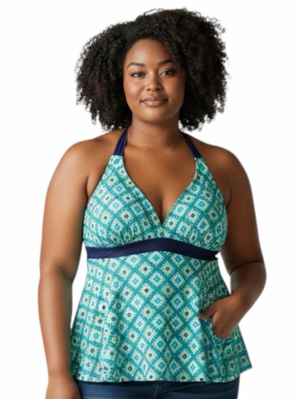 Avenue Swim Tankini Top Size 18 Blue Green Geometric Halter Built-In Bra
